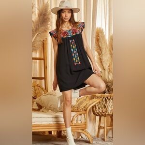 Savanna Jane Black Mini Dress with Multicolor Embroidered Yoke